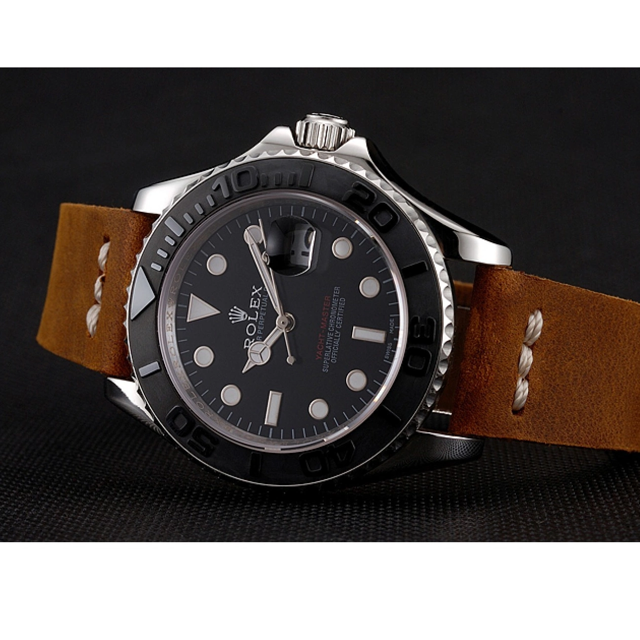 Aaa replica watch Black Dial Yacht Silver Case 1453859 Rolex Master Brown Leather Bracelet 0712